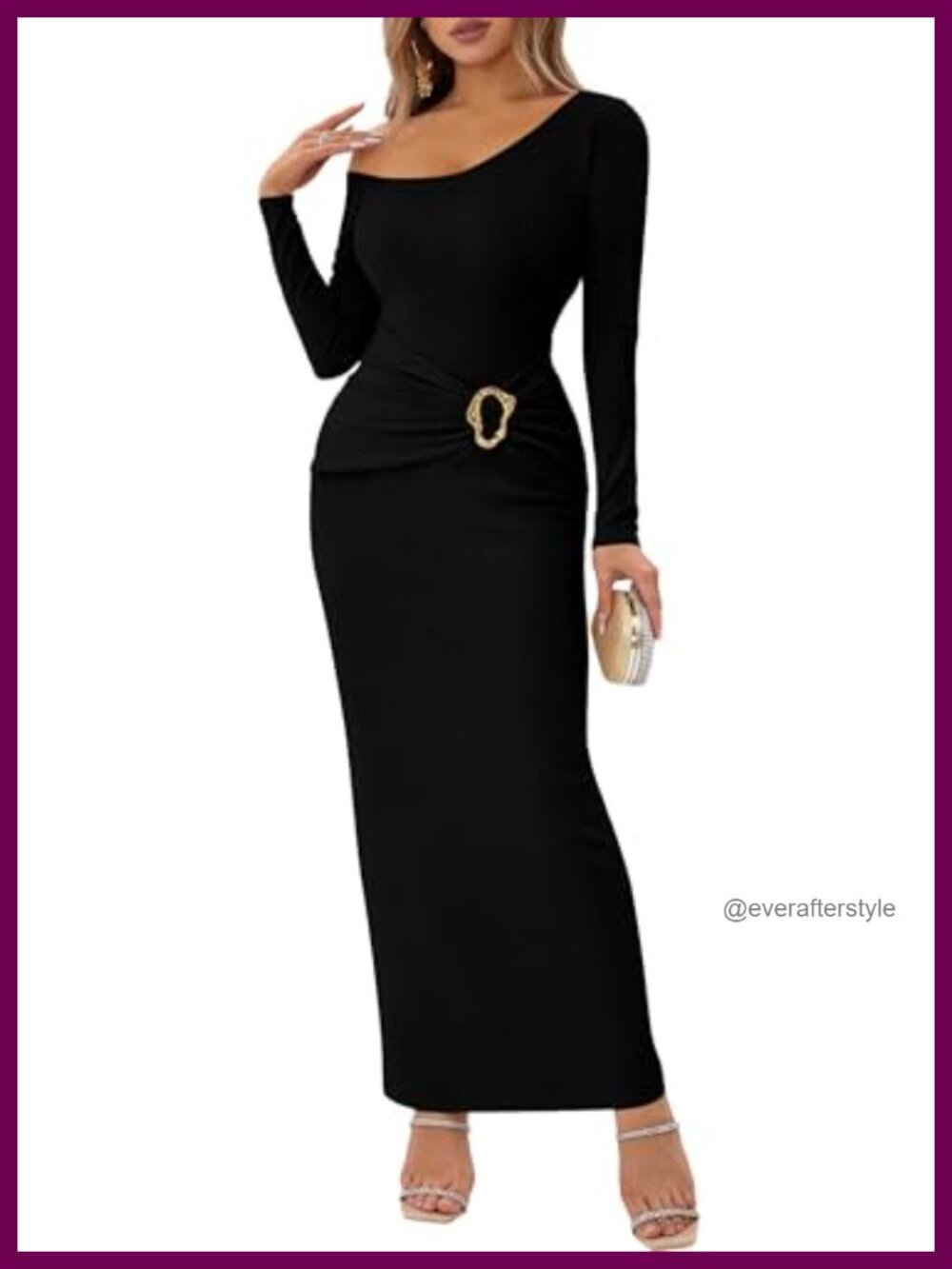 One Shoulder Long Sleeve Ruched Waist Bodycon Midi Dress Wedding Guest